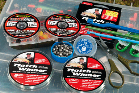 6. Don’t scrimp on your main line and hook length material. The real budget stuff can often be fairly grotty and will quickly let you down. Match Winner main line from Daiwa is a great main line mono with a high strength to diameter ratio with superior suppleness and controlled stretch. It’s available in 100 m spools from 2 to 8 lb breaking strain.
Maver’s Genesis Extreme hook length material is hugely popular and has excellent breaking strain and knot strength and is virtually invisible in the water, making it tops for clear water venues and for shy biters. It’s available in 50 m spools ranging from 1.1 lb (0.06 mm diameter) through to 12.6 lb (0.26 mm).