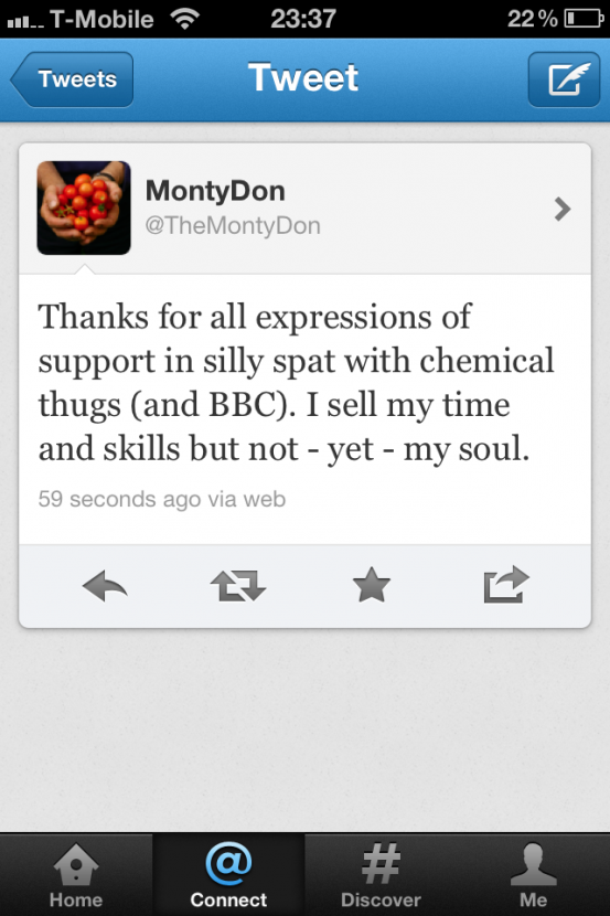Monty thanked supporters on Twitter