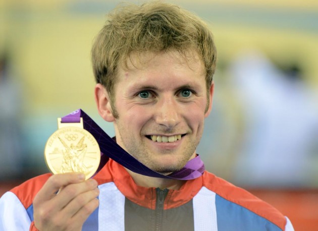 Jason Kenny celebrates winning sprint gold, London 2012 Olympic Games, track day 5