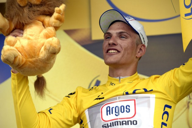 Marcel Kittel on podium, Tour de France 2013, stage one