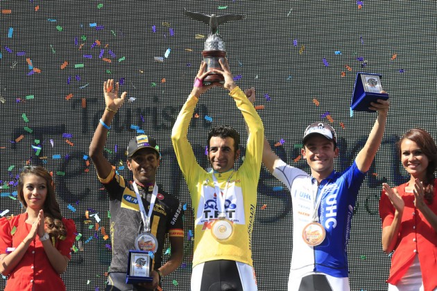 Merhawi Kudus Ghebremedhin, Mirsamad Pourseyedigolakhour and Isaac Bolivar Hernandez on the podium after the final stage of the 2014 Tour of Langkawi