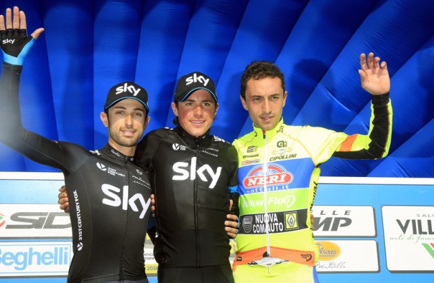 Dario Cataldo, Peter Kennaugh and Matteo Rabottini on the podium after the final stage of the 2014 Coppi & Bartoli Week