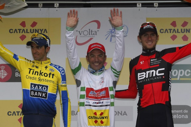 Alberto Contador, Joaquim Rodriguez Oliver and Tejay van Garderen on the podium after Stage Seven of the 2014 Tour of Catalonia