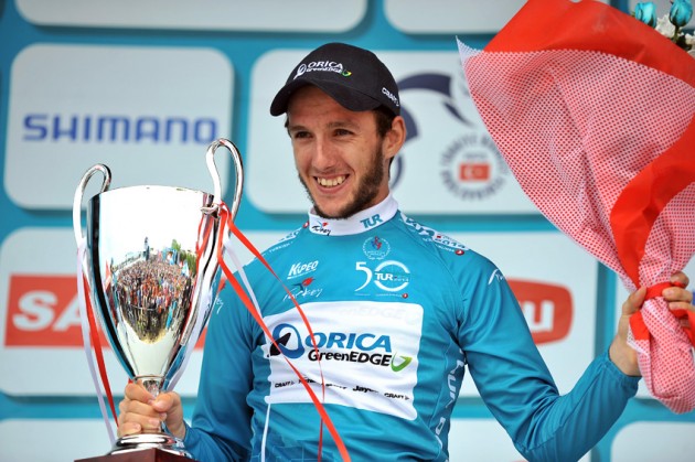 Race Winner, Adam Yates on the podium after the final stage of the 2014 Tour of Turkey
