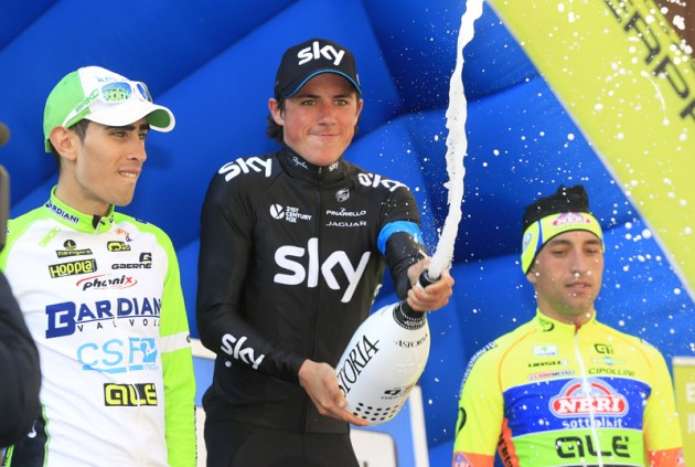 Francesco Manuel Bongiorno, Peter Kennaugh and Matteo Rabottini on the podium after Stage 2 of the 2014 Coppi & Bartoli Week