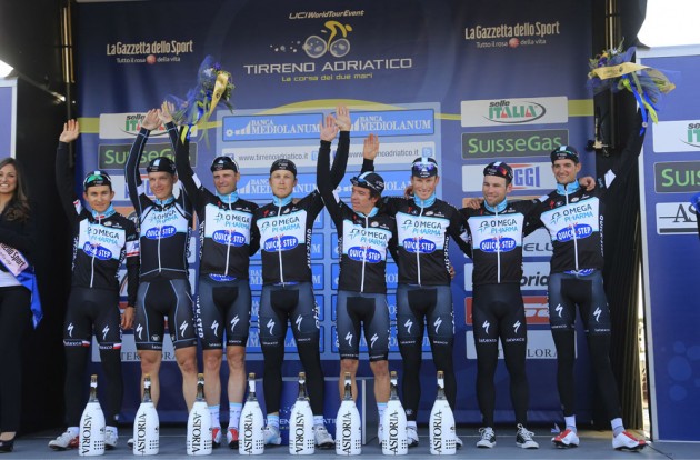 Omega Pharma Quickstep celebrate their win of the opening Team Time Trial of the 2014 Tirreno-Adriatico