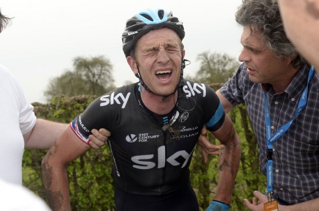 Ian Stannard after a crash in the 2014 Ghent-Wevelgem