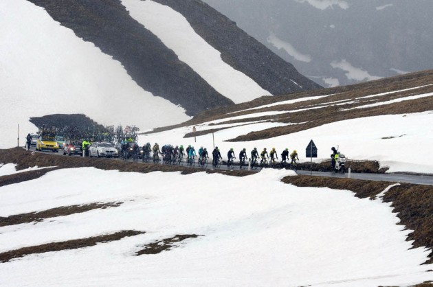 The peloton climbs the Passo Stelvio on stage sixteen of the 2014 Giro d'Italia
