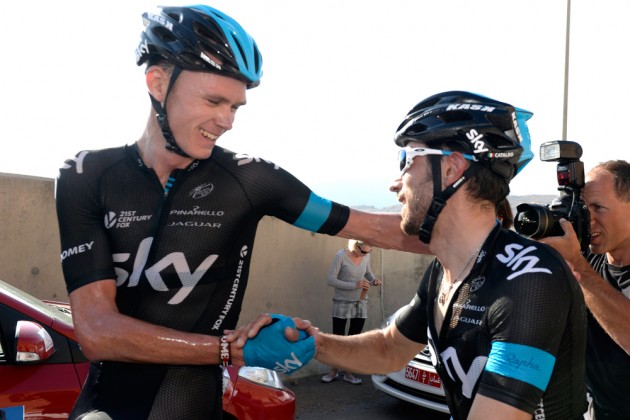 Dario Cataldo congratluates Chris Froome after winning stage five of the 2014 Tour of Oman