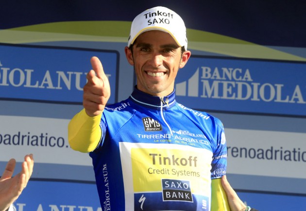 Alberto Contador on the podium after winning Stage 5 and taking the overall lead of the 2014 Tirreno Adriatico