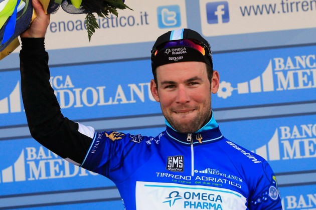Mark Cavendish in leader's jersey after stage one TTT, Tirreno-Adriatico 2014