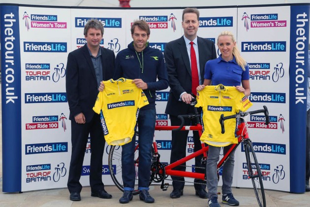 Andy Briggs, Friends Life Group Chief Executive (2nd right) and Ian Drake, British Cycling Chief Executive (left), with professional cyclists Alex Dowsett and Jessie Walker, announce Friends Life’s sponsorship of the Tour of Britain cycle race, at Friends Life Group headquarters in London