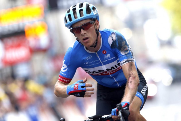 Andrew Talansky crashes on stage seven of the 2014 Tour de France
