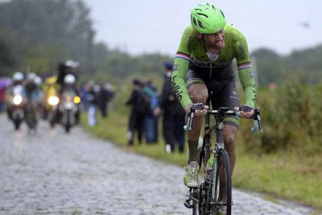 Lars Boom attacks on stage five of the 2014 Tour de France