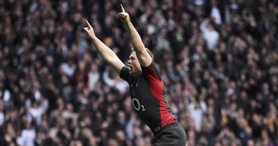 The celebration after scoring the try thats been awarded the