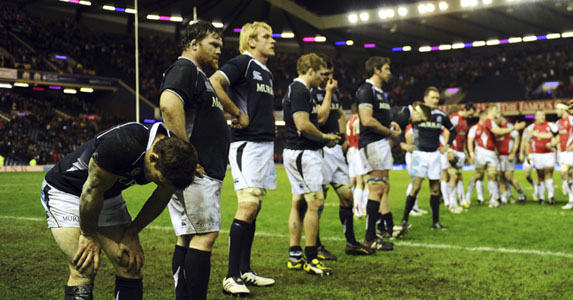 Scotland players dejected after thier defeat to Wales during the 2011 Six Nations