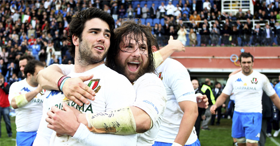 Luke McLean and Martin Castrogiovanni of Italy celebrate their Six Nation win over Scotland in 2010