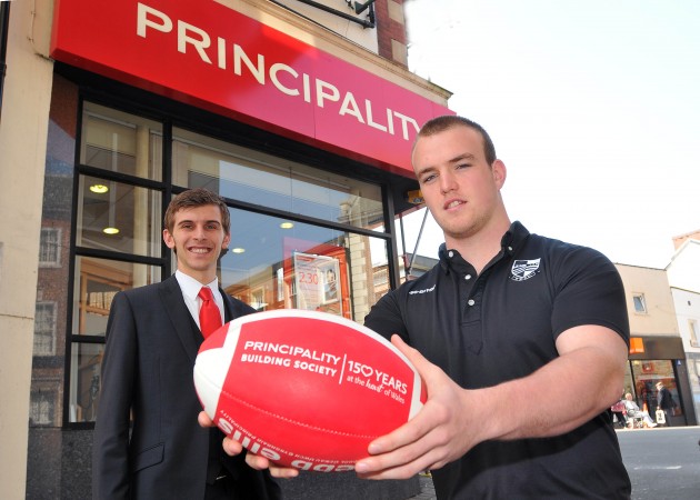 Kristian Dacey with Andrew Clark, manager Principality Building Society, Pontypridd Branch.