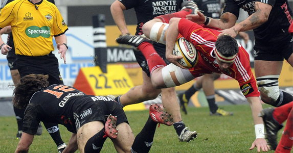 Leading the way: James Coughlan goes flying in Munster's recent win over Aironi