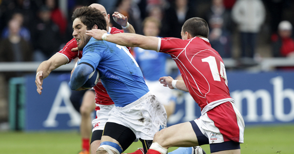 Men of the moment - Andrea Pratichetti of Italy A is tackled by Vasily Artemyev
