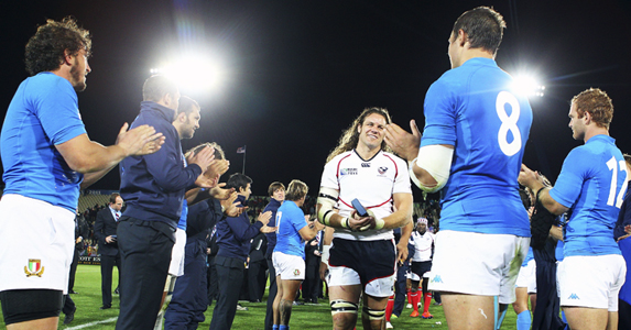 Sergio Parisse and the rest of his Italian teammates applaud Todd Clever and the rest of the USA team after knocking them out of the World Cup