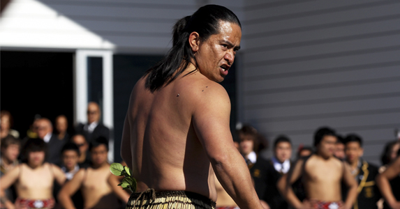 Maori Warrior Toa Waake issues the 'Wero' a traditional Maori challenge as part of the team welcome