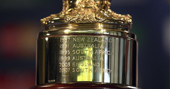 The World Cup trophy showing the previous tournament winners