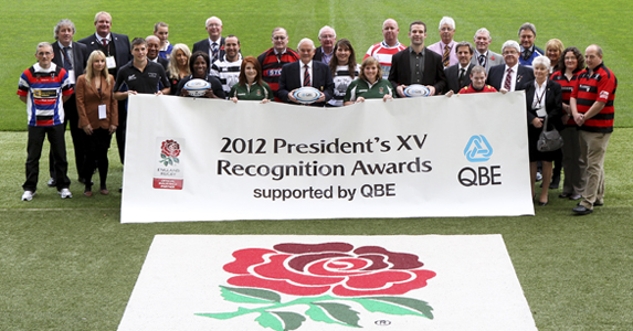 Maggie Alphonsi, RFU President Willie Wildash and Joe Worsley help launch the QBE Presidents XV awards