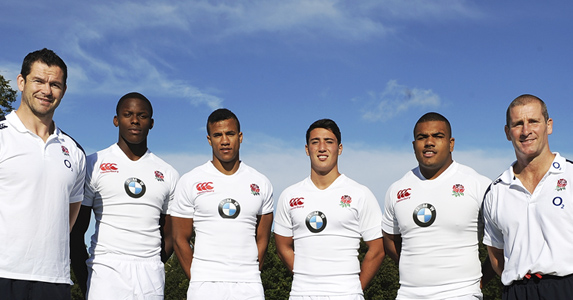 (L-R) Andy Farrell and Stuart Lancaster with Academy players - Maro Itoje, Anthony Watson, Brett Herron and Kyle Sinckler