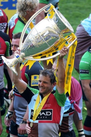 Nick Evans holds the Premiership trophy aloft after last season's final triumph