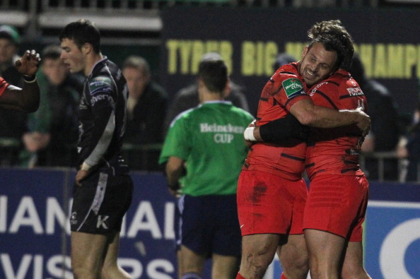 Cuddle time: Beauxis celebrates Toulouse's win over Connacht