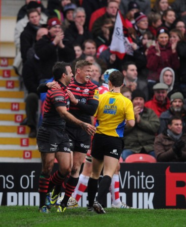 Smiling Sarries: Chris Ashton and Saracens did all the celebrating at Kingsholm