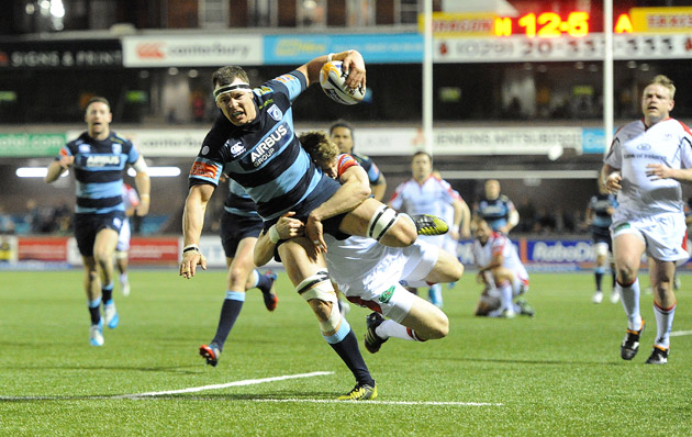 At a stretch: Robin Copeland drives on for Cardiff Blues against Ulster